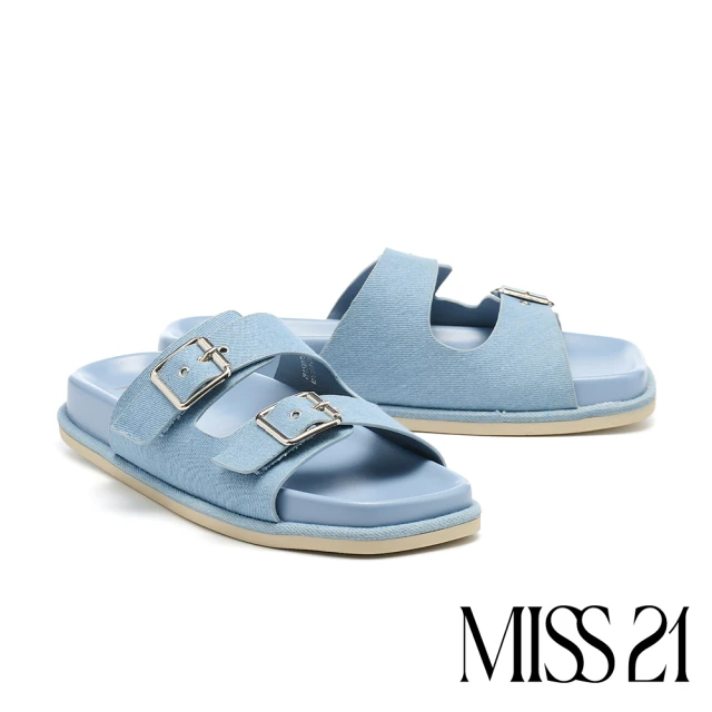 MISS 21 微酸少女休閒牛仔布純色方釦雙繫帶方頭厚底拖鞋(淺藍)