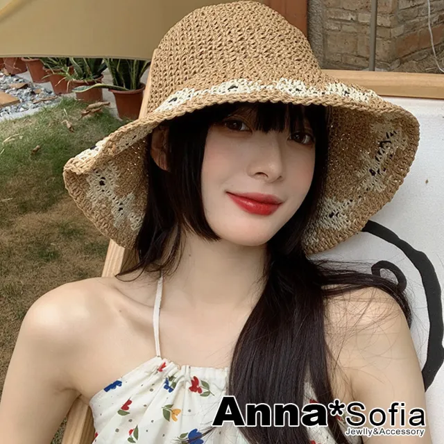 【AnnaSofia】遮陽帽防曬帽淑女帽網美渡假草帽海灘帽漁夫帽-圖騰飾邊寬簷 現貨(駝系)