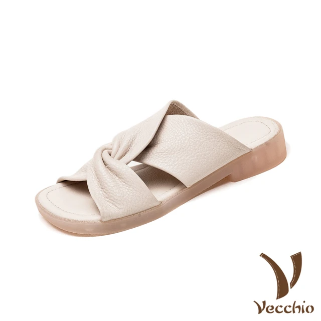 VecchioVecchio 真皮拖鞋 寬楦拖鞋/全真皮頭層牛皮氣質扭結造型舒適寬楦拖鞋(白)
