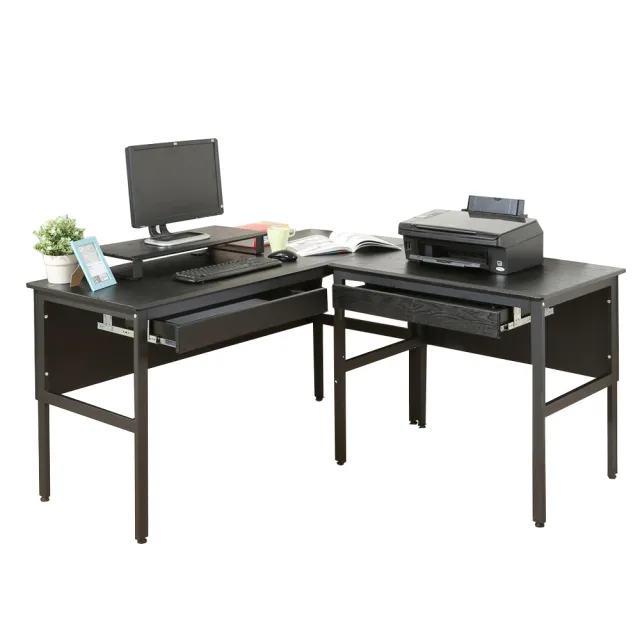 【DFhouse】頂楓150+90公分大L型工作桌+2抽屜+桌上架-楓木色