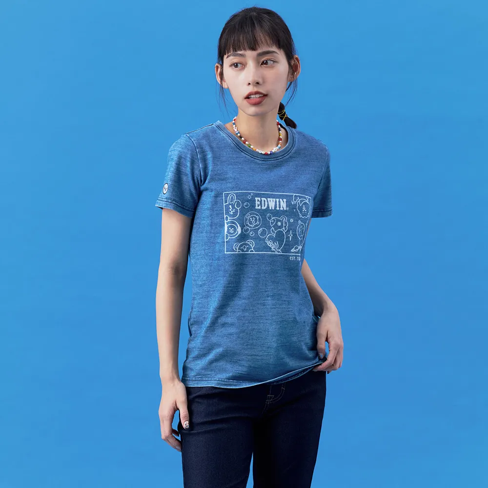 【EDWIN】女裝 BT21單色線條短袖T恤(漂淺藍)