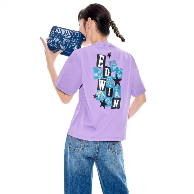 【EDWIN】女裝 BT21拼貼牛仔紋短袖T恤(灰紫色)