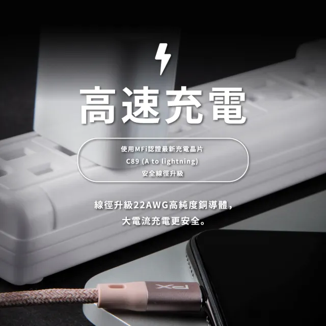 【PX 大通-】編織網快充線兩年保固MFi認證UAL-1P iPhone蘋果手線機線傳輸線1公尺粉色lightning充電線(USB)