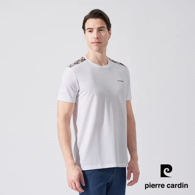 【pierre cardin 皮爾卡登】商務休閒 男款 肩配格紋短袖圓領T恤-白色(5247280-90)