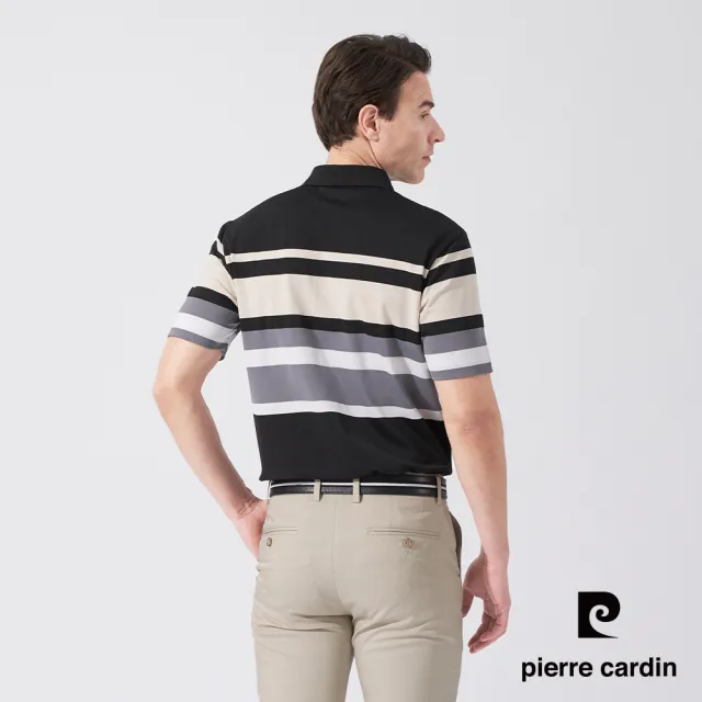 【pierre cardin 皮爾卡登】休閒服飾 男款 TOP定位橫條短袖POLO衫-黑色(5247289-99)