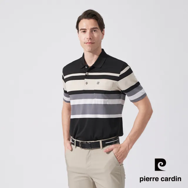 【pierre cardin 皮爾卡登】休閒服飾 男款 TOP定位橫條短袖POLO衫-黑色(5247289-99)