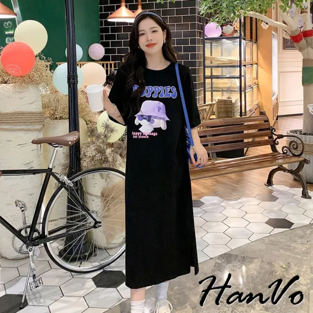 【HanVo】現貨 PUPPIES造型狗狗長洋裝(百搭舒適寬鬆連衣裙 韓系女裝中長裙 女生衣著 A06-3706)