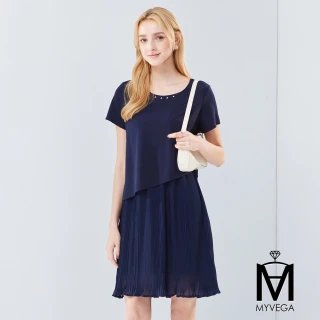 【MYVEGA 麥雪爾】MA異材質拼接百褶短洋裝-深藍(連身洋裝/洋裝/短洋)