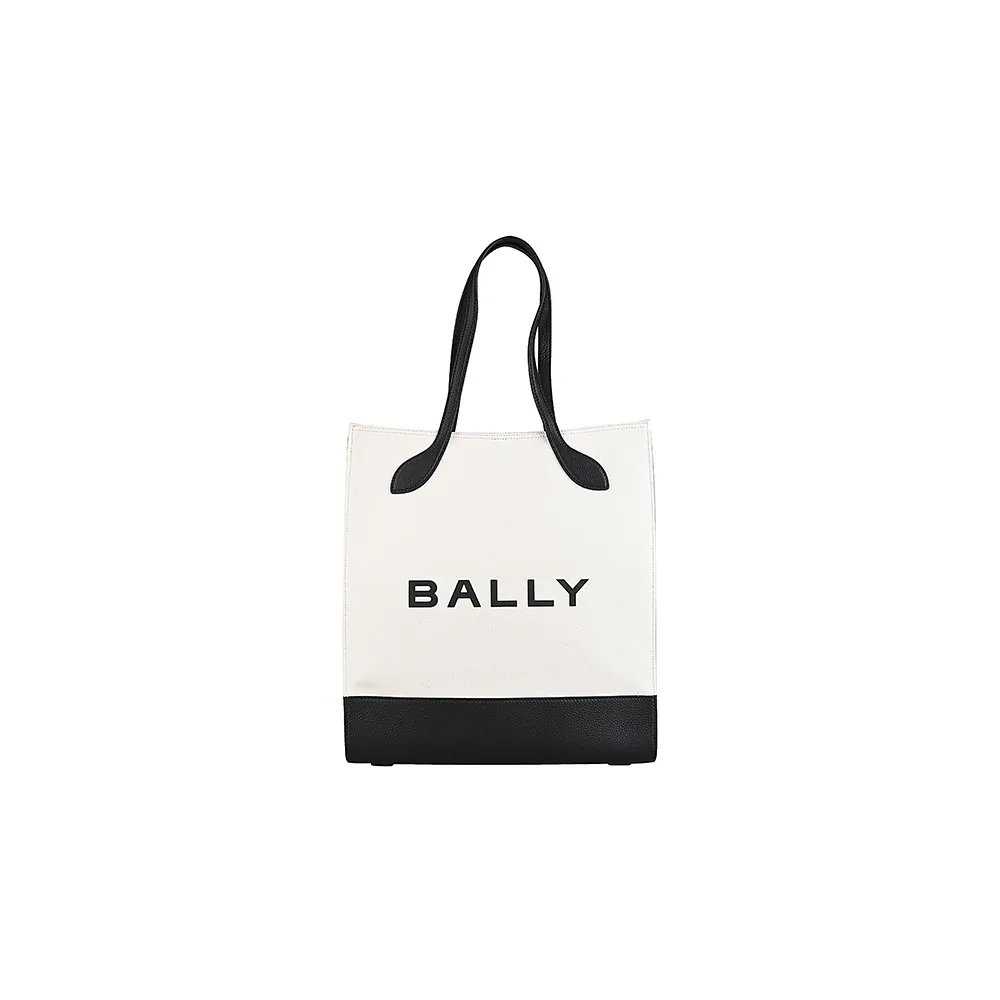 【BALLY】Bar經典黑字LOGO帆布拼接皮革手提托特包(白x黑)