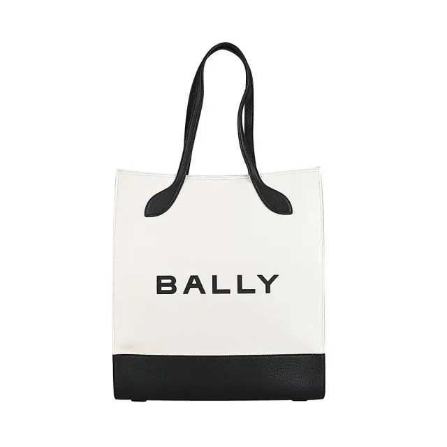 【BALLY】Bar經典黑字LOGO帆布拼接皮革手提托特包(白x黑)