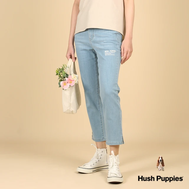 Hush Puppies 女裝 長褲 品牌英文印花斜開岔牛仔褲(淺藍 / 43221101)