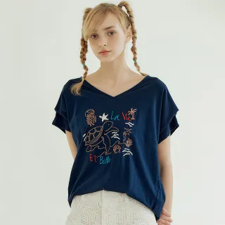 【OUWEY 歐薇】海洋刺繡清涼後鏤空上衣(深藍色；XS-M；3242161204)