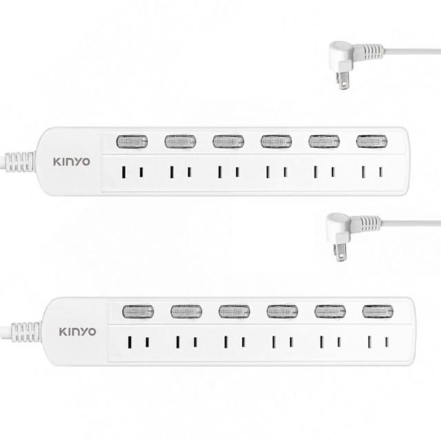 【KINYO】2入組 6開6插防火雙層絕緣過載保護 獨立開關安全電源延長線(6尺1.8M)