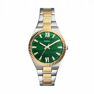 【FOSSIL】Scarlette 復古孔雀石綠女錶 金色x銀色不鏽鋼鍊帶指針手錶 38MM ES5334