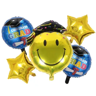 【六分埔禮品】18吋畢業鋁質氣球5件套-大笑臉(Ins幼兒園畢業禮物可愛笑臉畢業學士帽)