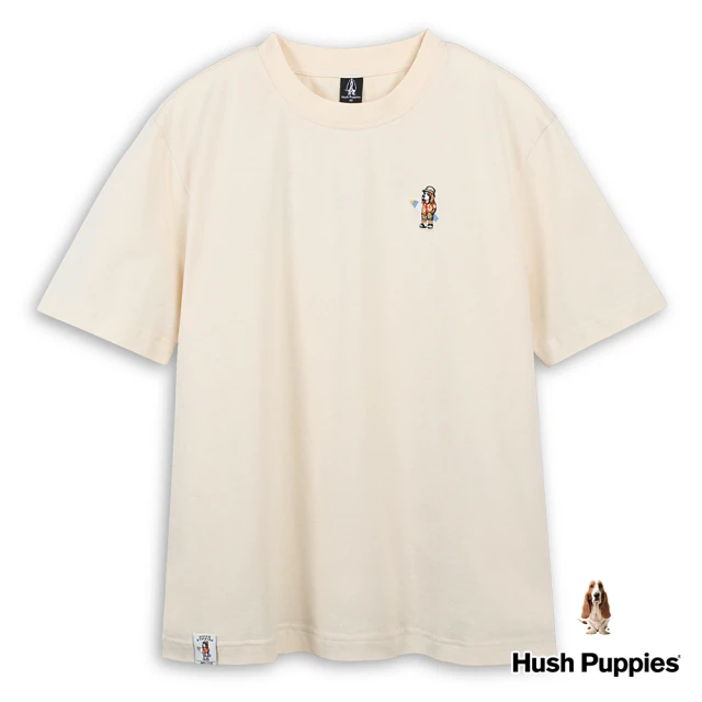 Hush Puppies 男裝 T恤 簡約英文印花精緻刺繡衝浪狗T恤(淺卡其 / 43111105)