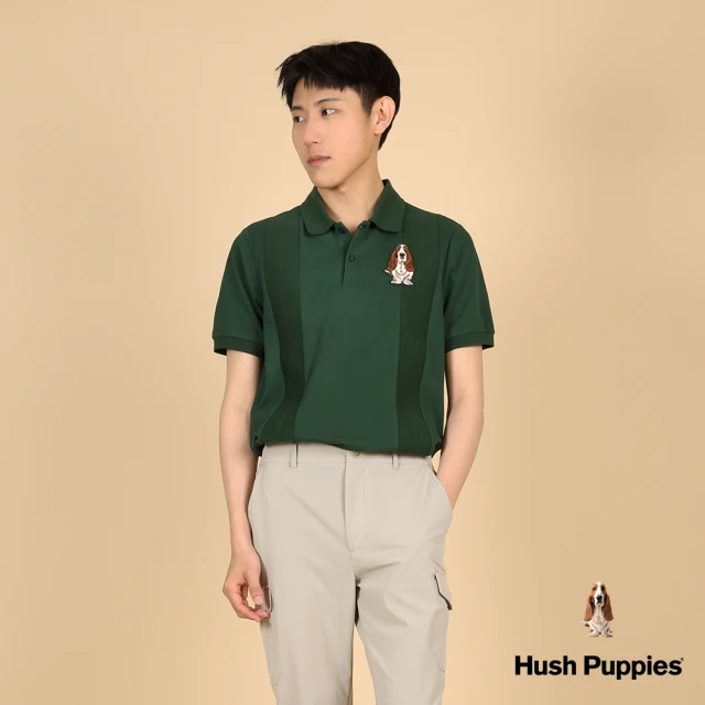 Hush Puppies 男裝 POLO衫 拼接經典品牌刺繡狗寬鬆版POLO衫(深綠 / 43101204)