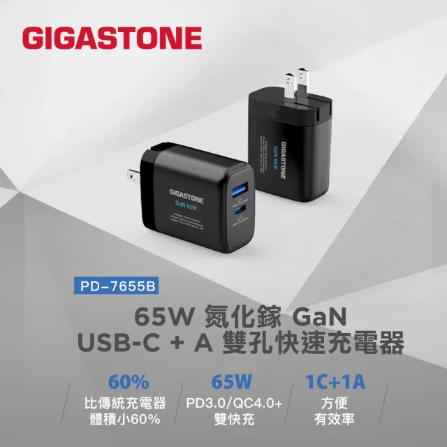 【GIGASTONE 立達】65W GaN氮化鎵雙孔USB-C+A PD快充充電器PD-7655B(支援iPhone15/MacBook/筆電快充充電頭)