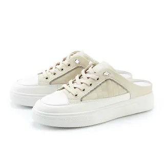 【CHOiCE】棋盤格厚底免綁帶真皮穆勒休閒鞋(杏色)