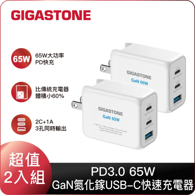 GIGASTONE 立達 （雙入組）65W GaN氮化鎵三孔