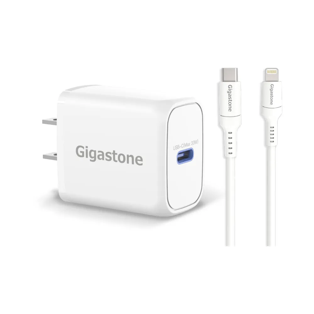 【GIGASTONE 立達】PD/QC3.0 33W單孔快充充電器+C to Lightning MFi充電線(iPhone 14/13/12蘋果充電頭組)