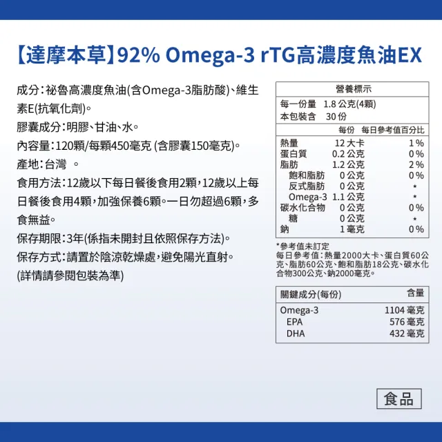 【達摩本草】92% Omega-3 rTG高濃度魚油EX 20入組(1入120顆）（共2400顆)