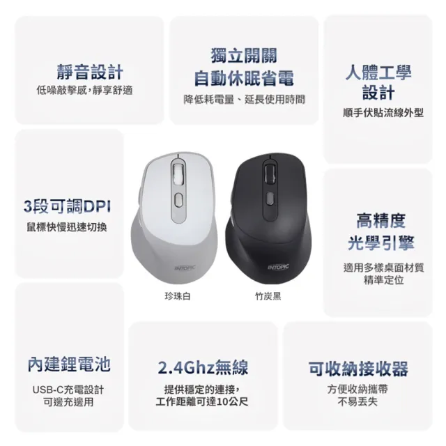【INTOPIC】2.4GHz充電靜音無線滑鼠-MSW-C160(充電型、靜音)