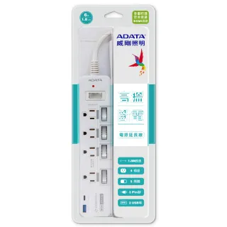 【ADATA 威剛】多切4孔3P+USB+Type C 智慧快充延長線組(K-60PL)