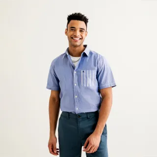 【Arnold Palmer 雨傘】男裝-條紋口袋拼接短袖襯衫(藍色)
