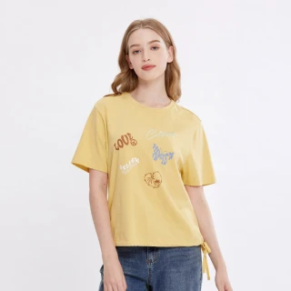【Hang Ten】女裝-蚊蟲防護下擺綁結胸前印花短袖T恤(淺黃)