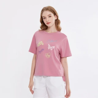 【Hang Ten】女裝-蚊蟲防護下擺綁結胸前印花短袖T恤(粉紅)