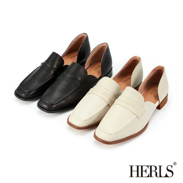 【HERLS】樂福鞋-全真皮立體抓褶橫帶側V方頭低跟樂福鞋(黑色)