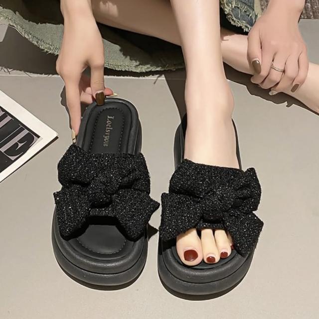【baibeauty 白鳥麗子】甜美一字帶布面蝴蝶結平底拖鞋(厚底鞋)