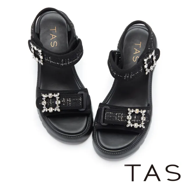 【TAS】混織毛呢方鑽飾釦厚底涼鞋(黑色)