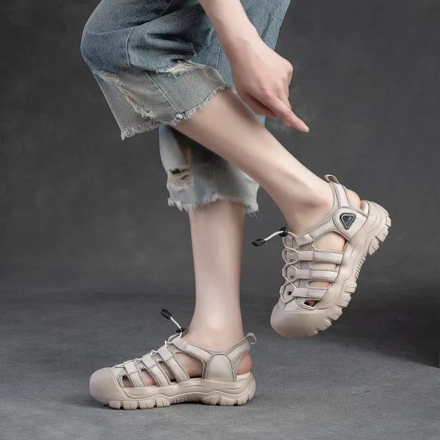 【MINE】真皮涼鞋 厚底涼鞋/真皮頭層牛皮護趾機能舒適厚底休閒涼鞋(米)