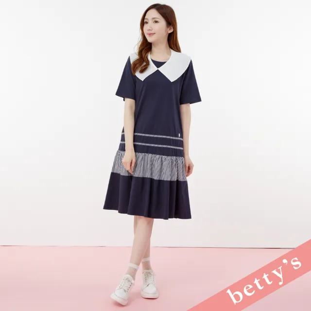 【betty’s 貝蒂思】百褶領片撞色拼接短袖洋裝(深藍)