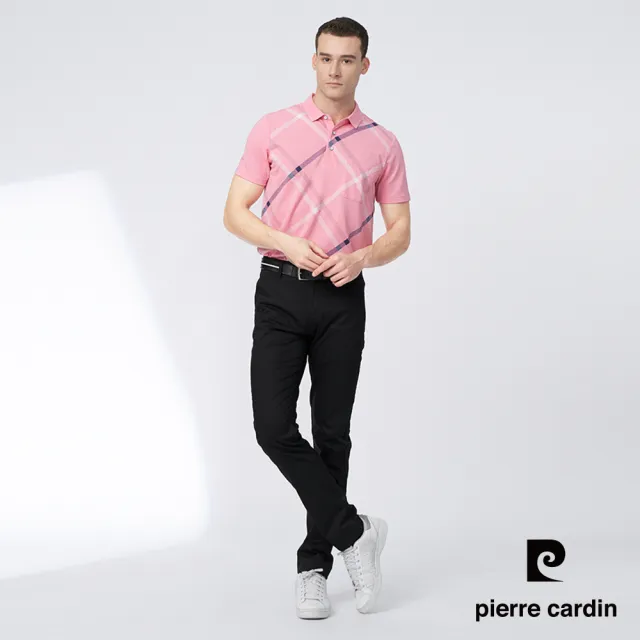 【pierre cardin 皮爾卡登】商務休閒 男款 胸前印大斜格短袖POLO衫-粉紅色(5247267-65)