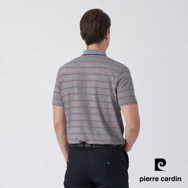 【pierre cardin 皮爾卡登】商務休閒 男款 雙色網眼橫條印花短袖POLO衫-灰藍色(5247254-38)