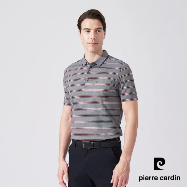 【pierre cardin 皮爾卡登】商務休閒 男款 雙色網眼橫條印花短袖POLO衫-灰藍色(5247254-38)