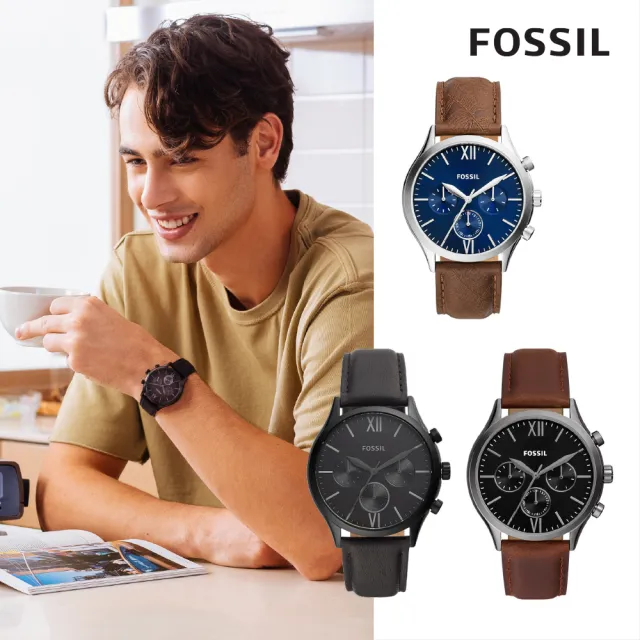 【FOSSIL 官方旗艦館】Fenmore系列經典三眼指針手錶 皮革錶帶 44MM(多款可選)