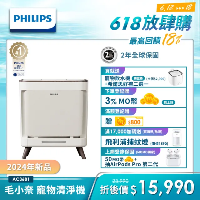 【Philips 飛利浦】毛小奈抗敏寵物清淨機 適用15-17坪(AC3681/80)