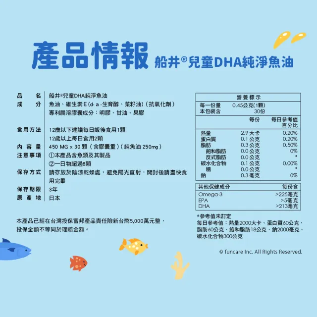 【funcare 船井生醫】85% DHA日本進口rTG高濃度兒童純淨魚油2入組(30顆/盒)