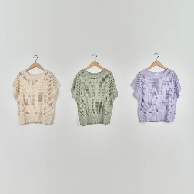 【CUMAR】時尚洞洞編織休閒短袖針織上衣(綠 杏 紫/魅力商品)