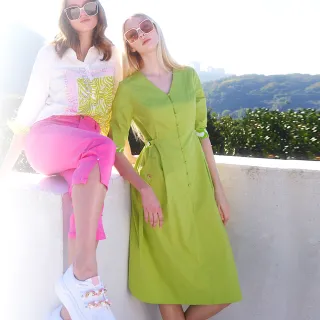 【KERAIA 克萊亞】青檸果季優雅綁帶釦飾棉質洋裝