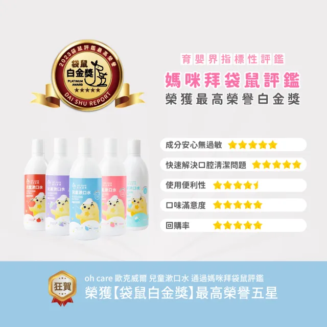 【oh care 歐克威爾】波力 兒童漱口水 350ml 蘋果/草莓/葡萄(全球獨家專利P113+抗菌成份)