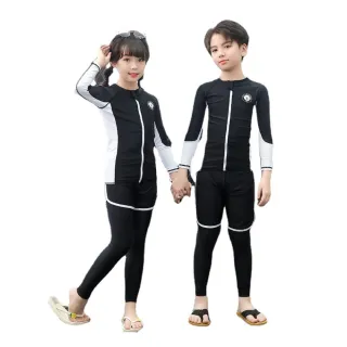 【SWIMFLOW】靚黑款 兒童 三件式泳衣(泳衣 速乾泳衣 泳裝 防曬泳衣水母衣 長袖防曬泳衣 多件式泳衣)
