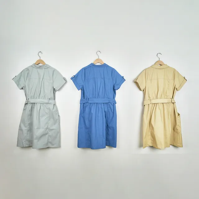 【CUMAR】率性口袋附腰帶短袖洋裝(藍 綠 黃/魅力商品)