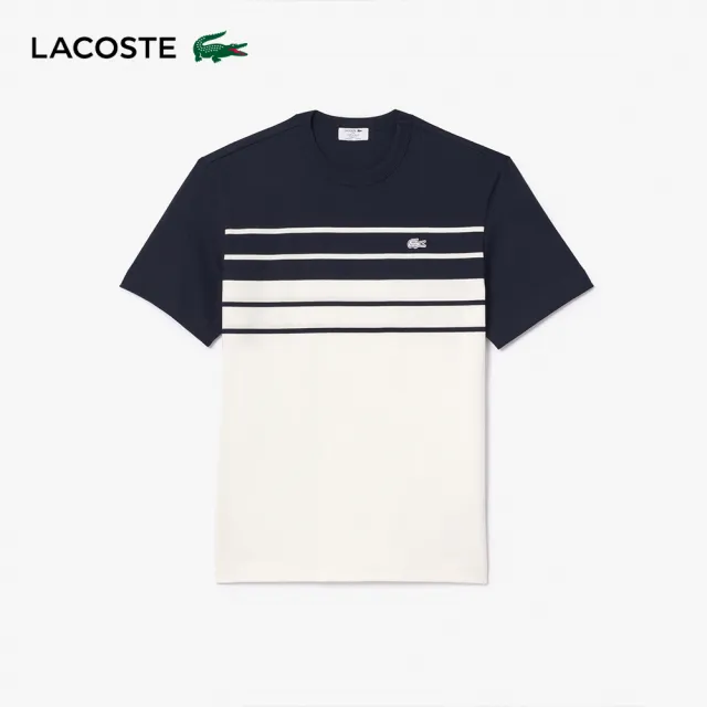 【LACOSTE】男裝-法國製 條紋撞色平紋針織短袖T恤(黑/白配色)