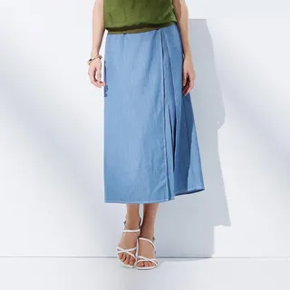 【MYVEGA 麥雪爾】MA涼感牛仔面感側開岔縲縈長裙-藍