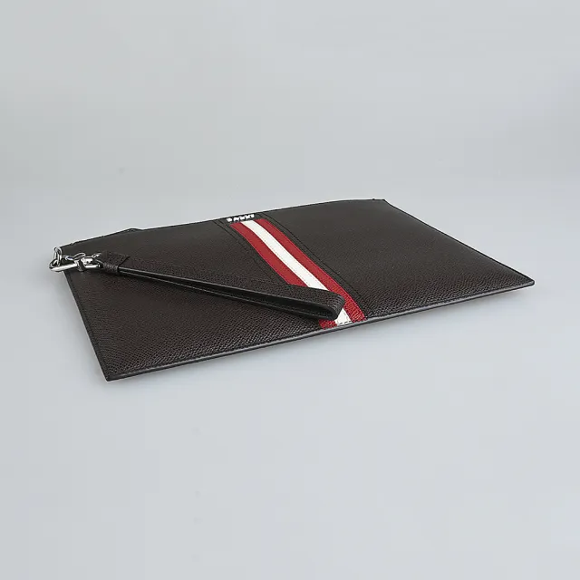 【BALLY】TENERY銀色金屬LOGO紅白條紋粒面牛皮拉鍊手拿包(咖啡)